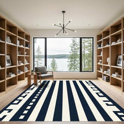 Dark Blue Ivory Bold Stripe Border Rug