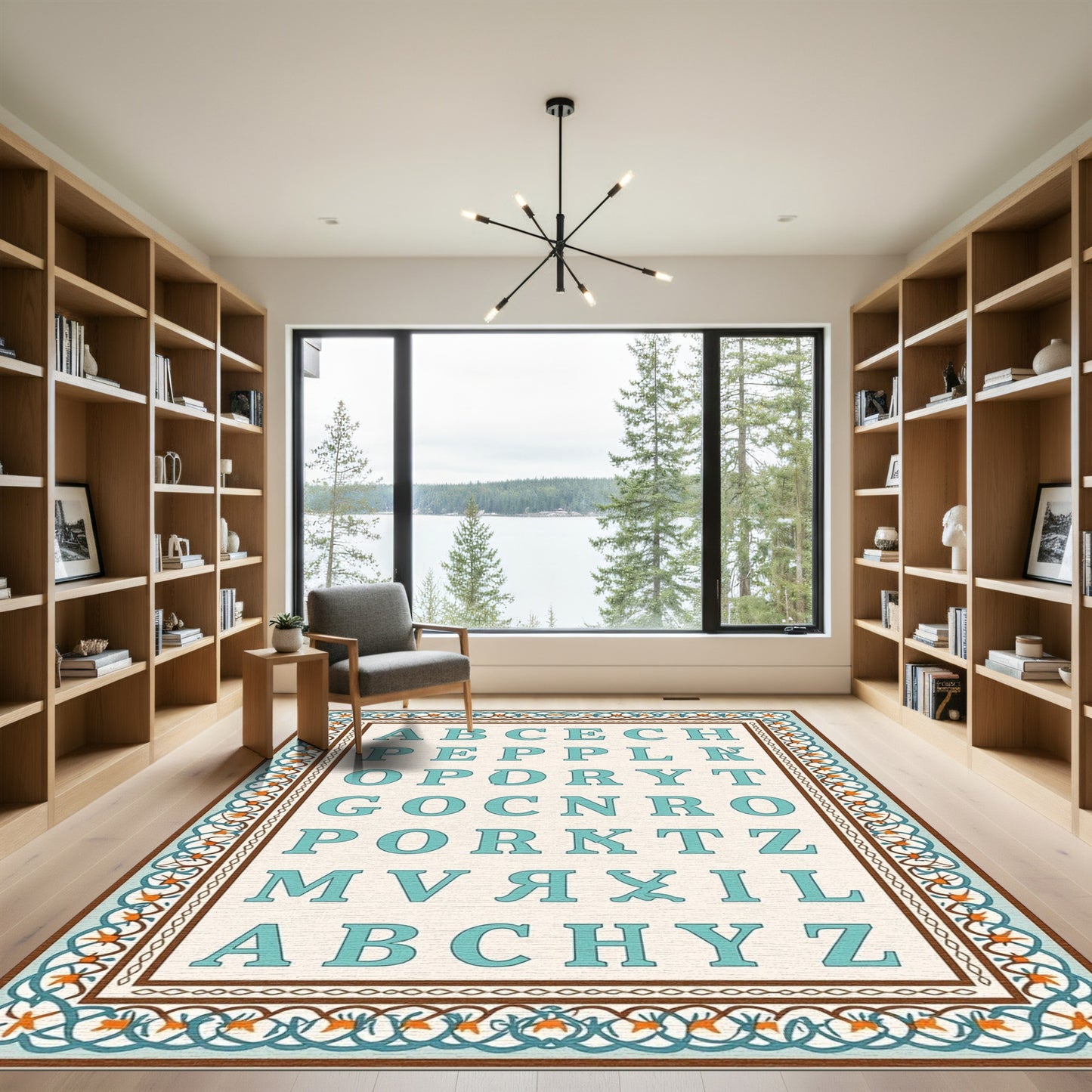 Aqua Alphabet Geometric Border Rug