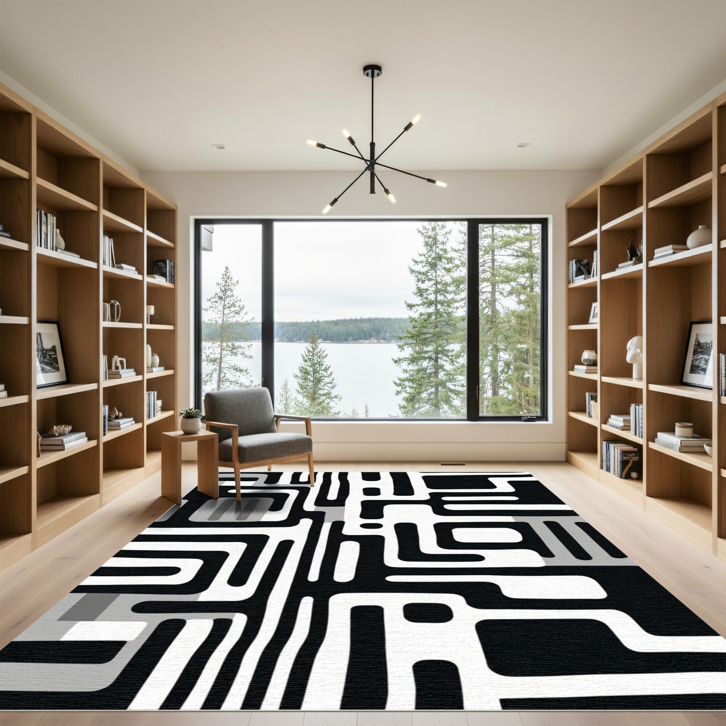 Monochrome Abstract Maze Geometric Rug