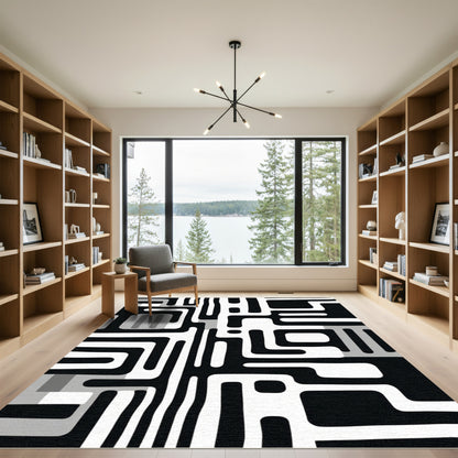 Monochrome Abstract Maze Geometric Rug