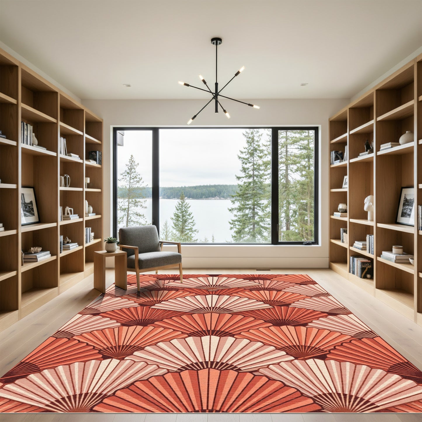 Coral Pink Layered Fan Arrangement Rug
