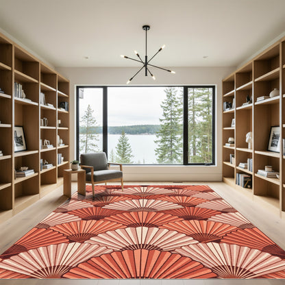 Coral Pink Layered Fan Arrangement Rug