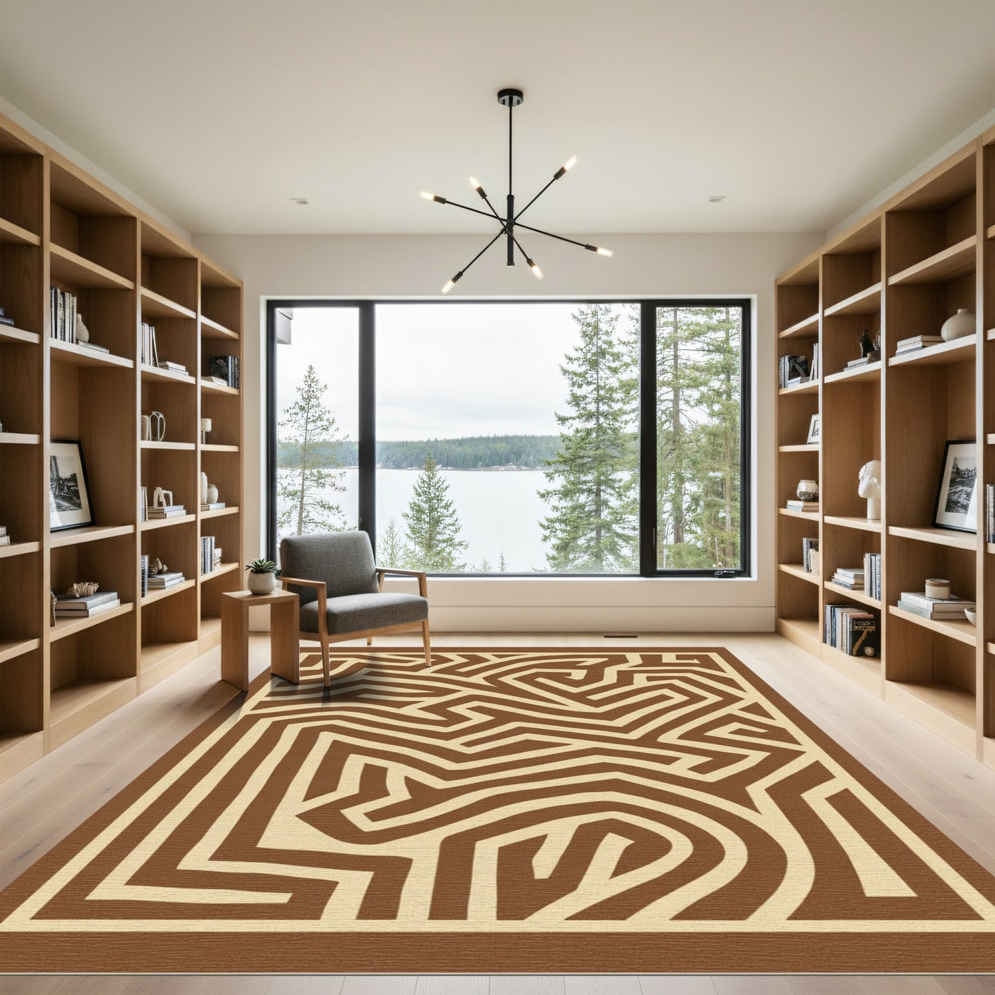 Earthy Brown Maze Geometric Line Rug