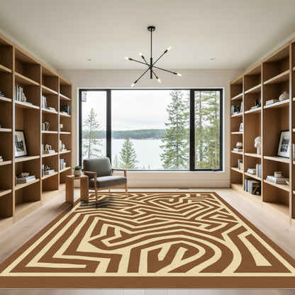 Earthy Brown Maze Geometric Line Rug