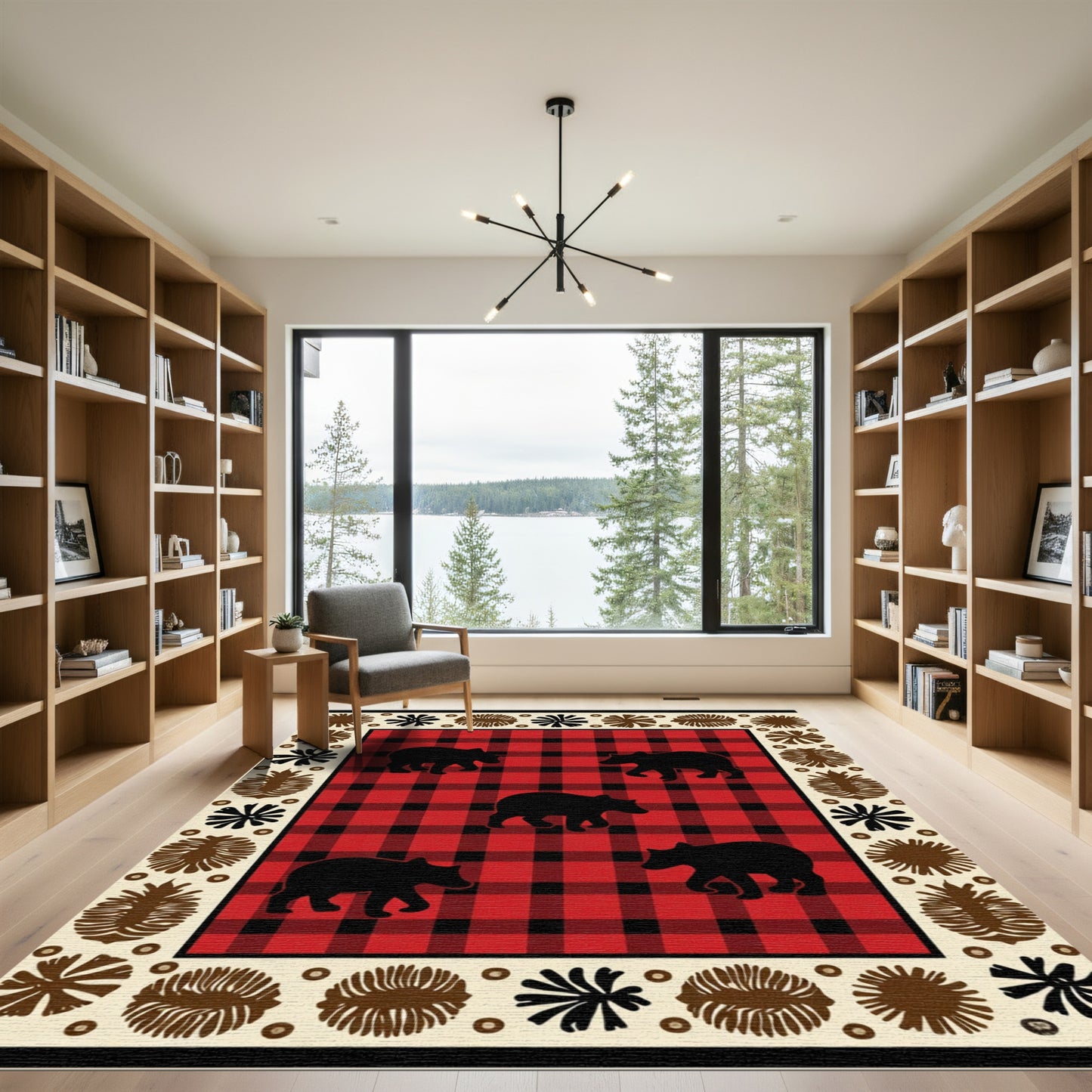 Red Black Buffalo Check Bear Border Rug
