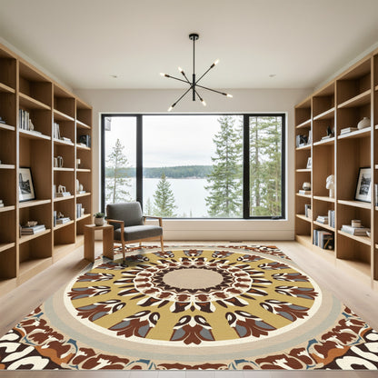 Earthy Mandala Medallion Brown Ochre Ivory Rug