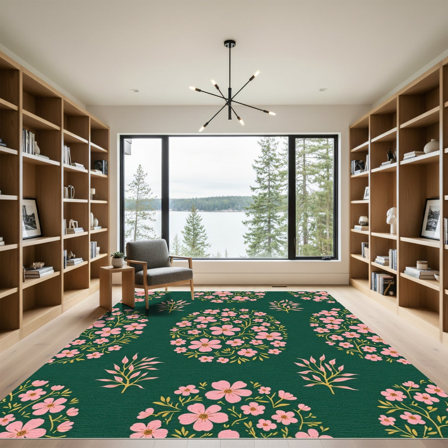 Pink Floral Garland On Dark Green Rug