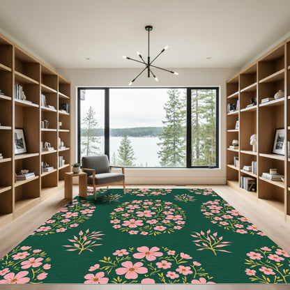 Pink Floral Garland On Dark Green Rug