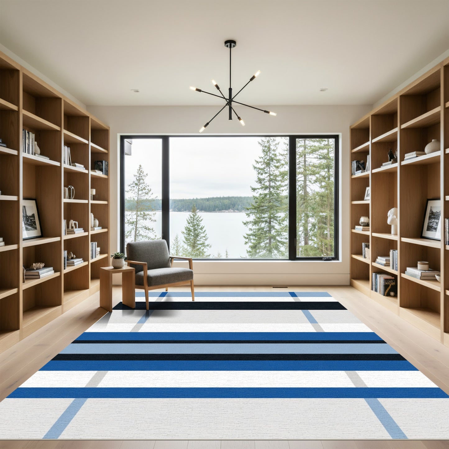 Modern Blue White Horizontal Stripe Rug