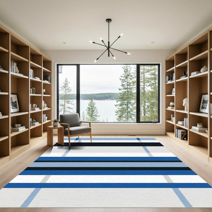 Modern Blue White Horizontal Stripe Rug