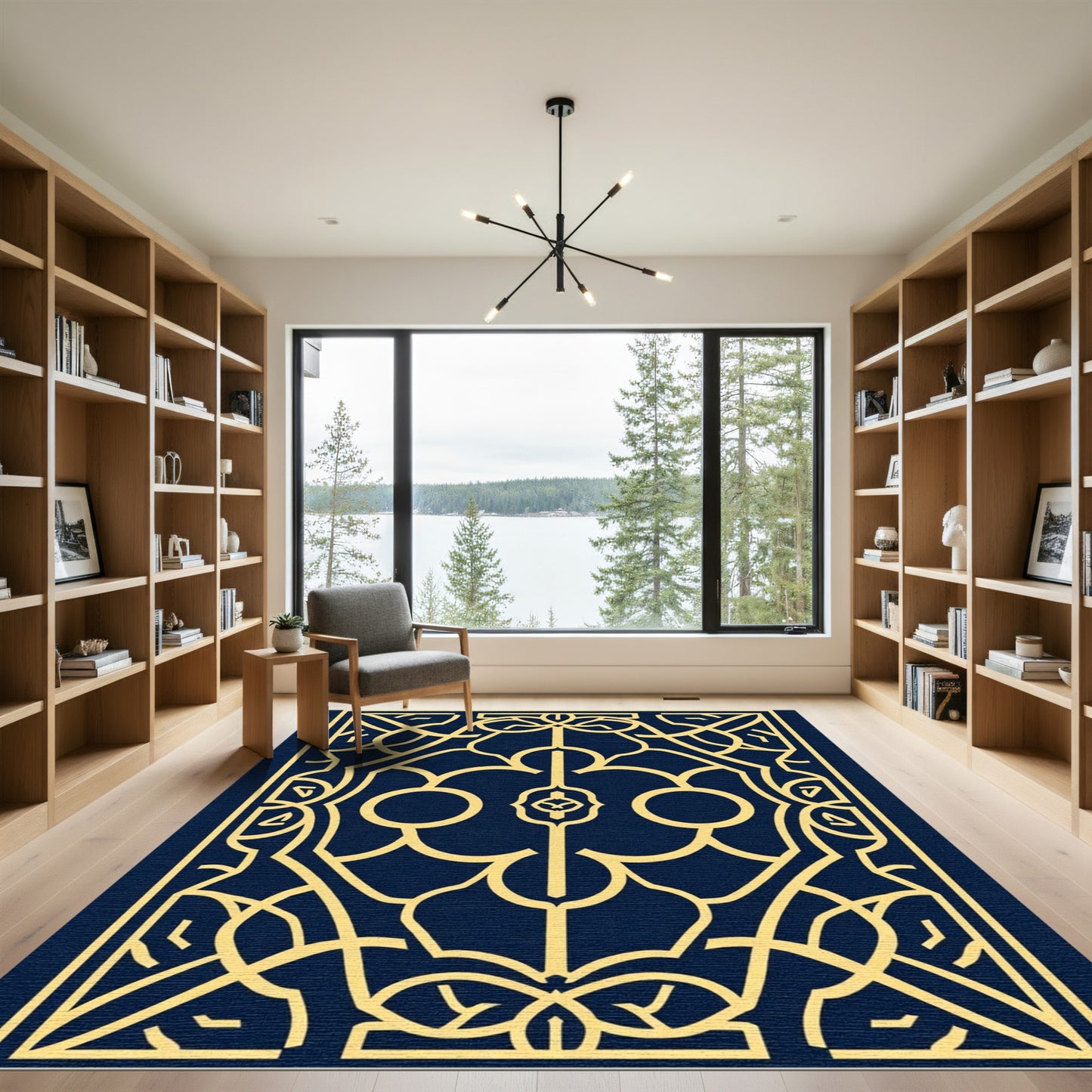 Navy Blue Golden Geometric Lattice Rug