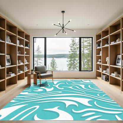 Aqua White Fluid Swirls Rug