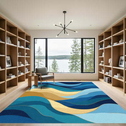 Deep Blue Gold Wavy Stripes Rug