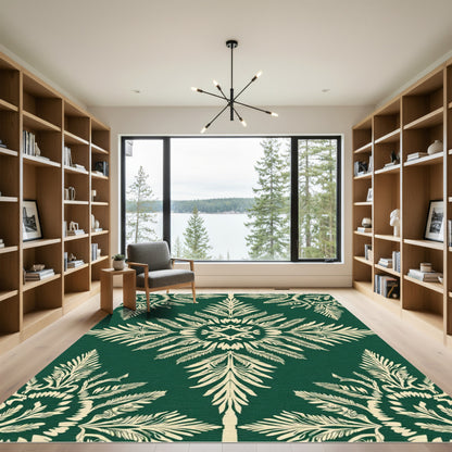 Emerald Green Cream Fern Medallion Rug