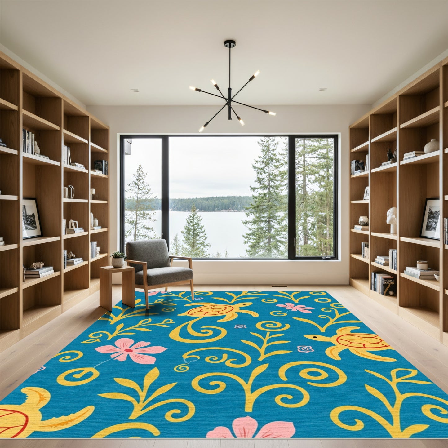 Blue Yellow Pink Turtle Floral Swirl Rug