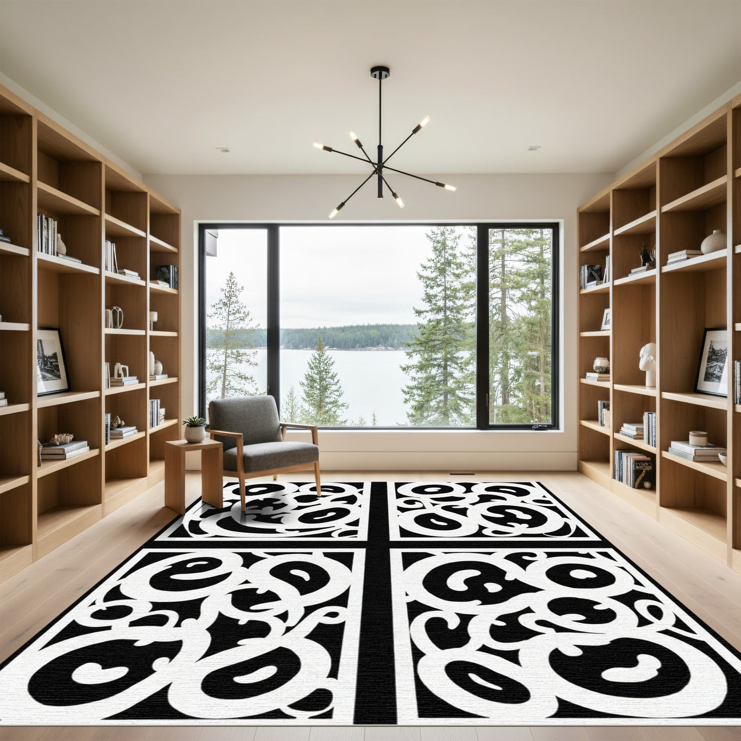 Black White Organic Swirls Composition Rug