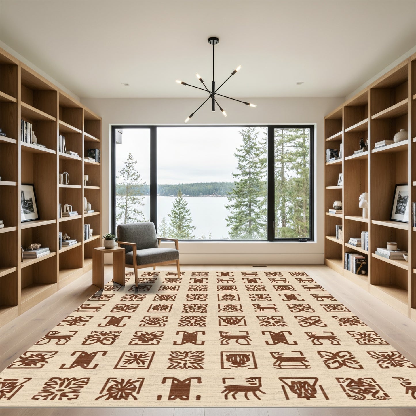 Brown Animal Floral Square Arrangement Rug