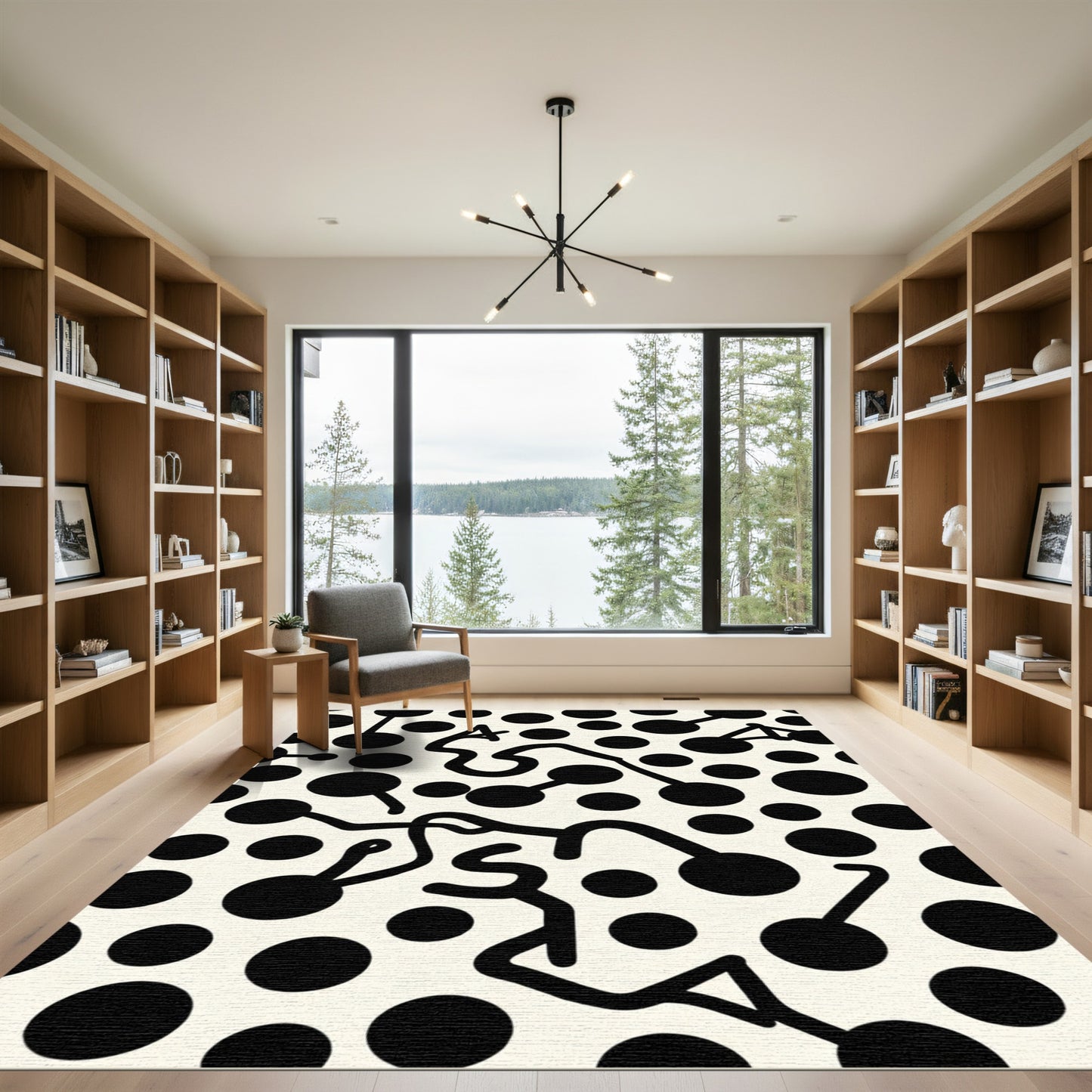 Abstract Black Circles Connective Lines Rug