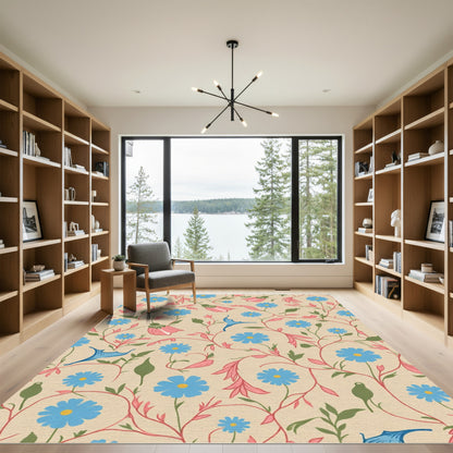 Whimsical Blue Floral Vine Garden Rug