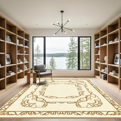 Earthy Cream Scrollwork Elephant Frame Rug