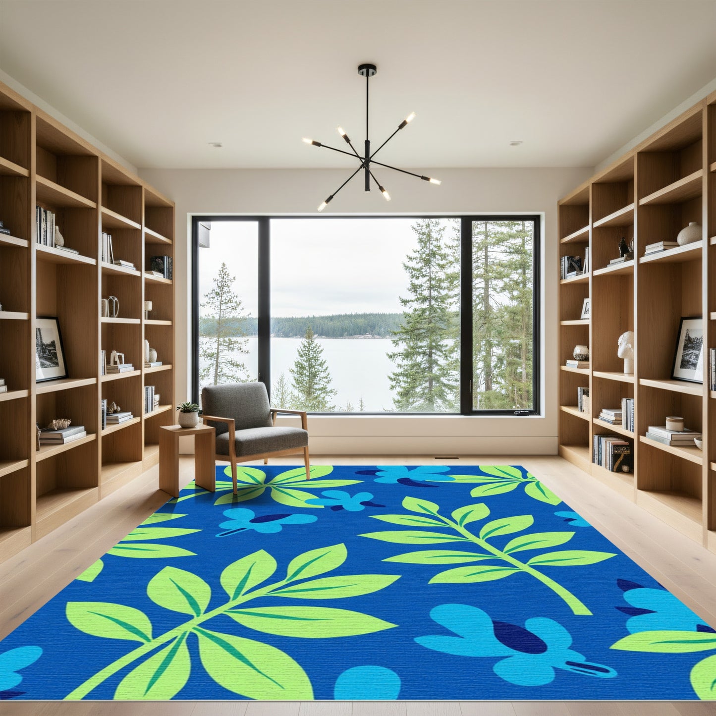 Vibrant Blue Floral Leaf Background Rug