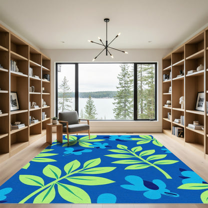 Vibrant Blue Floral Leaf Background Rug
