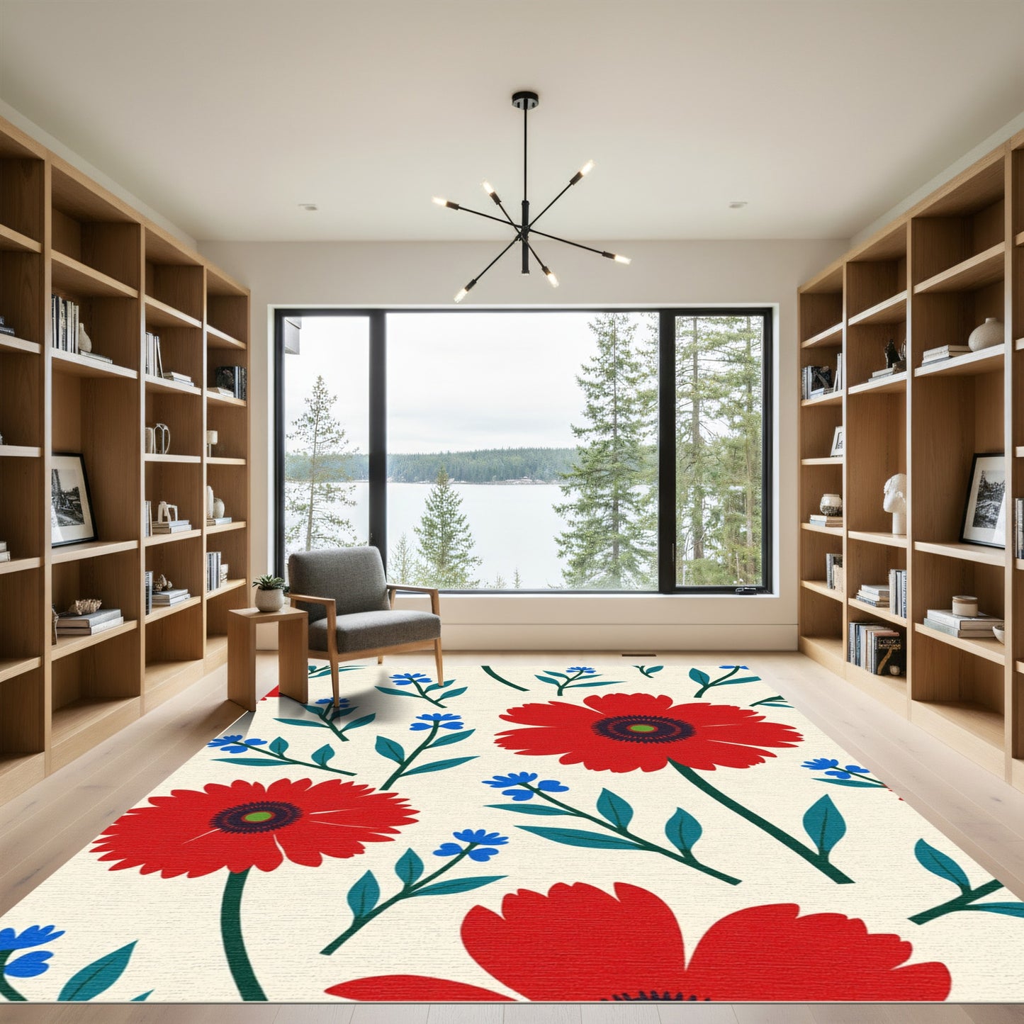 Bright Red Blue Floral Botanical Composition Rug