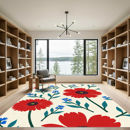 Bright Red Blue Floral Botanical Composition Rug