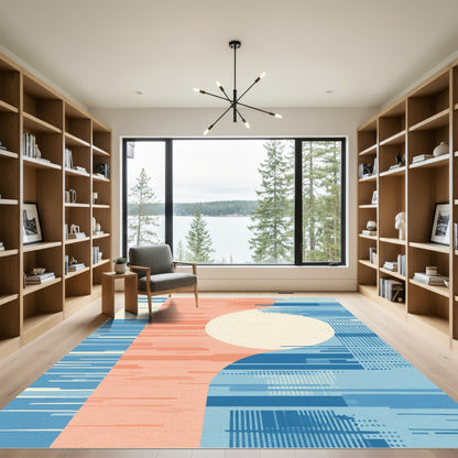 Abstract Coral Blue Geometric Block Rug