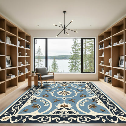Blue Tan Ivory Ornamental Floral Rug