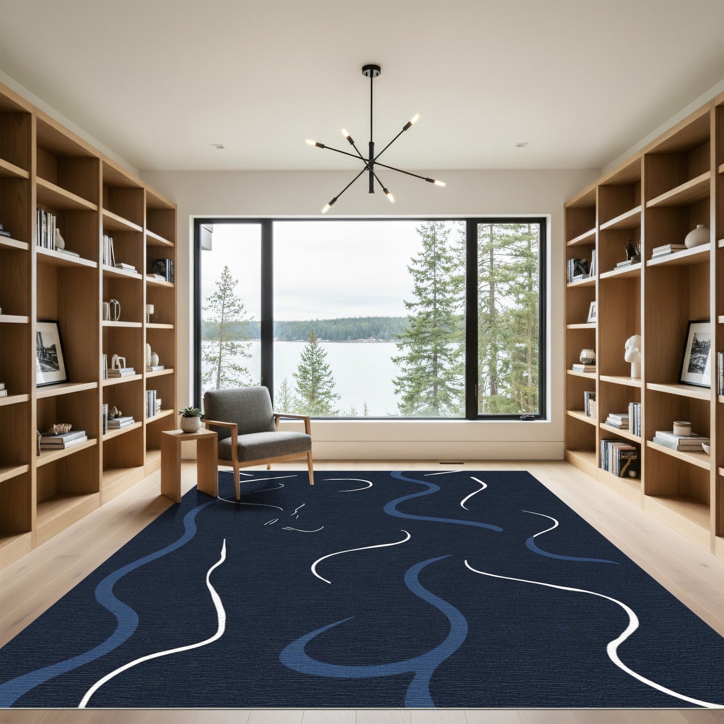 Minimalist Blue White Abstract Swirls Rug