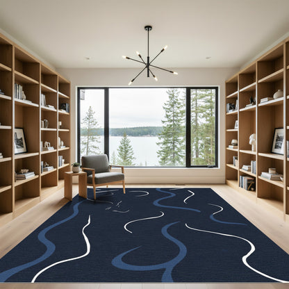 Minimalist Blue White Abstract Swirls Rug