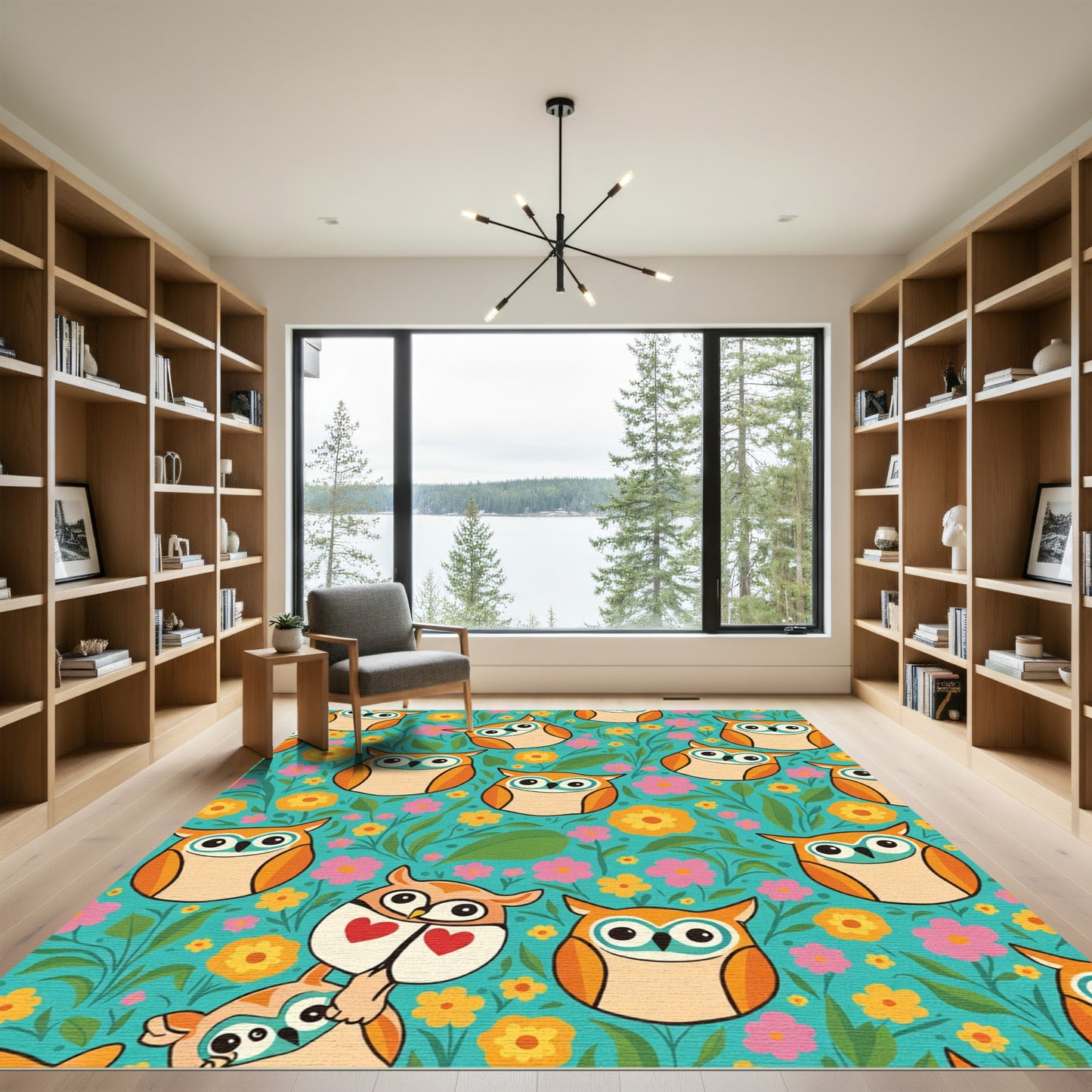 Whimsical Orange Owls Floral Garden Rug