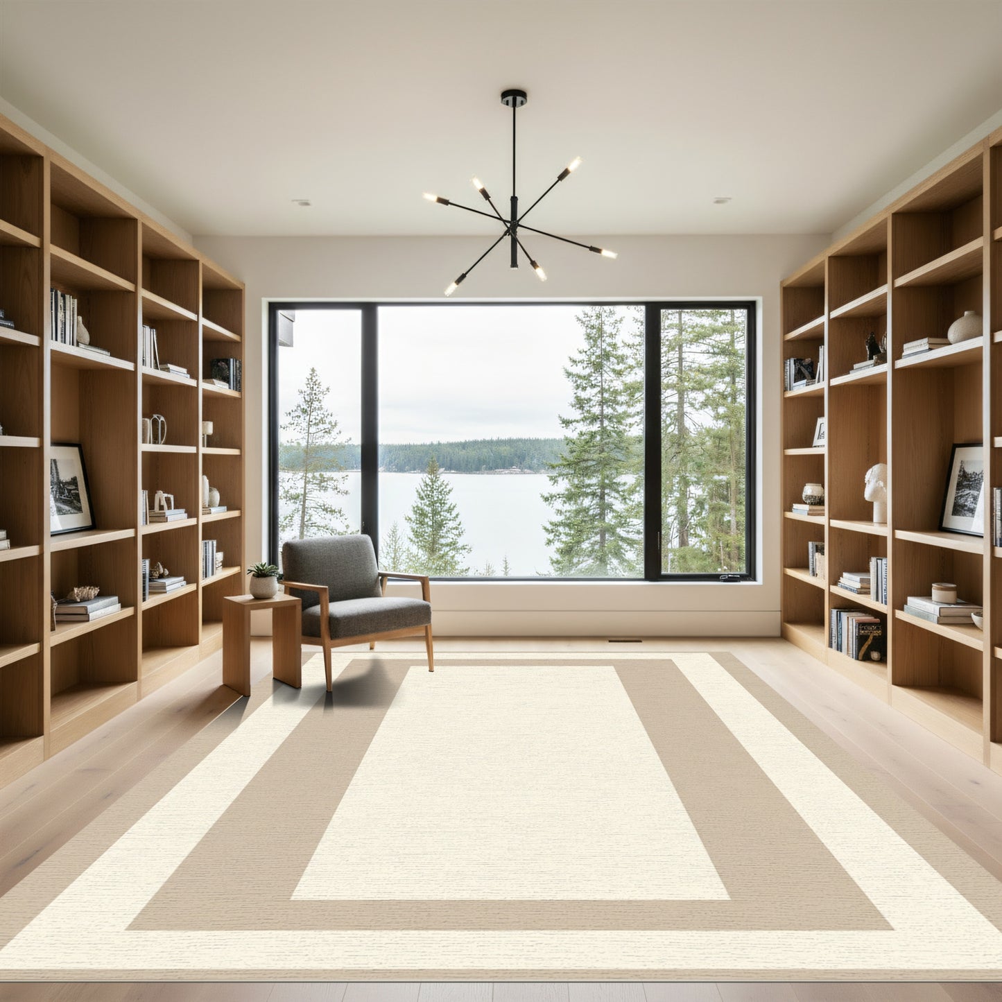Neutral Cream Layered Rectangular Trim Rug