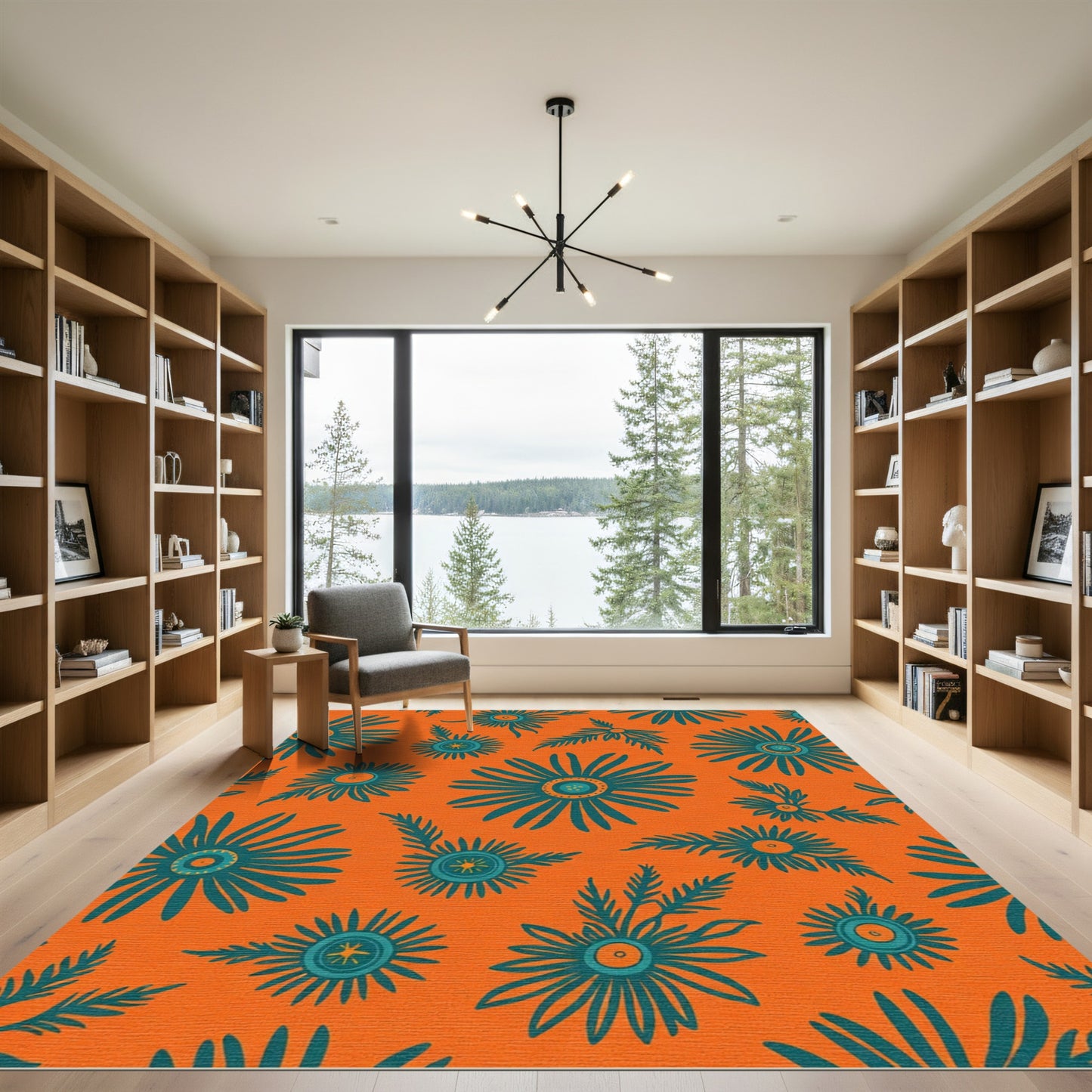 Teal Daisy Blooms Orange Background Rug