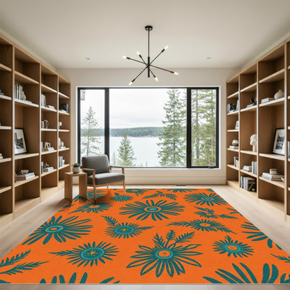 Teal Daisy Blooms Orange Background Rug
