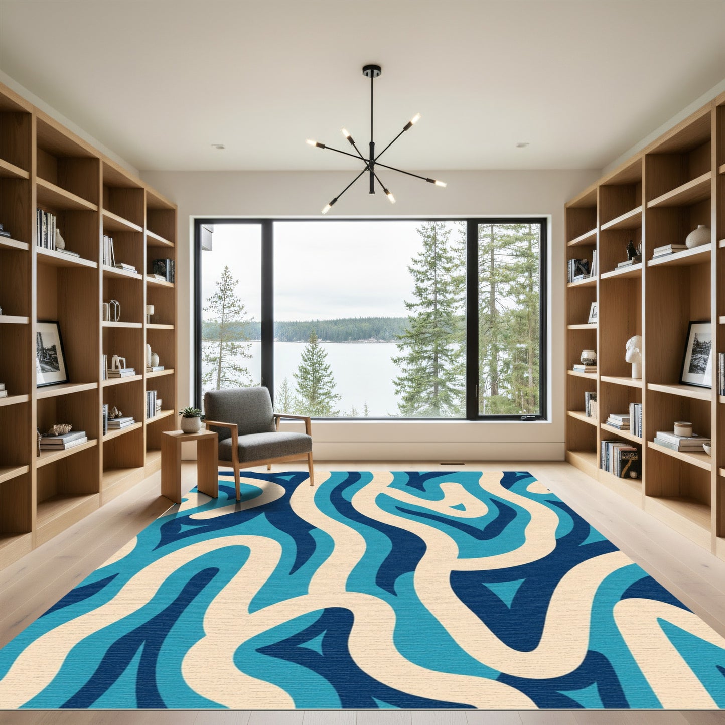 Cream And Blue Abstract Swirl Rug