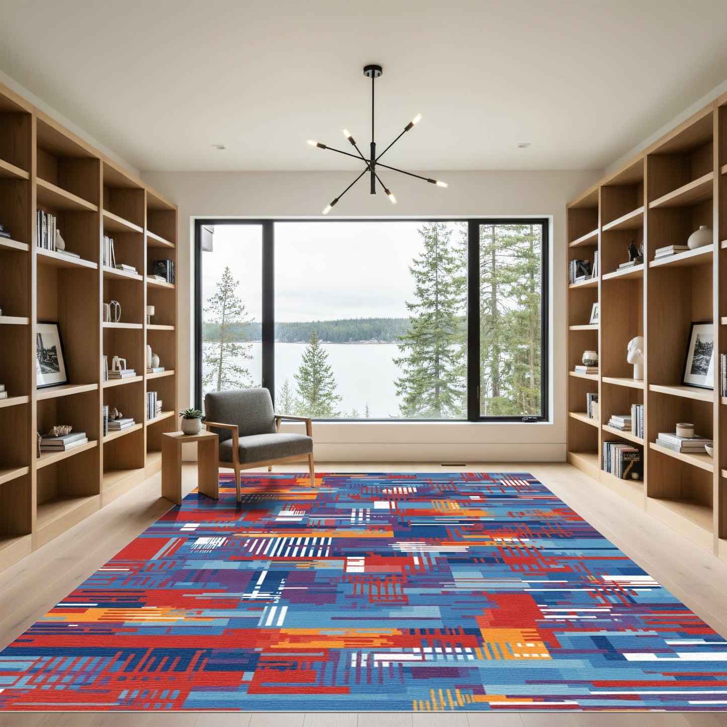 Red Blue Orange Geometric Linear Rug