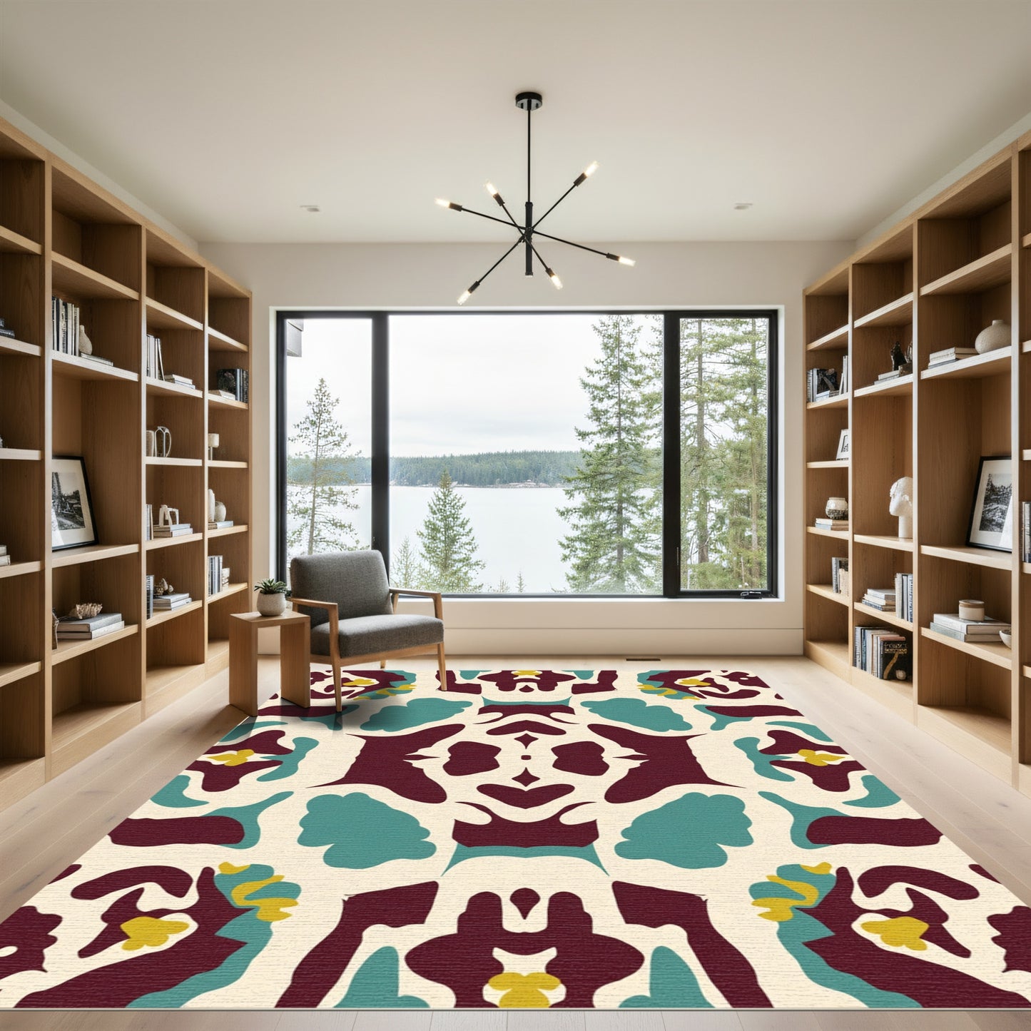 Classic Teal Burgundy Floral Mandala Rug