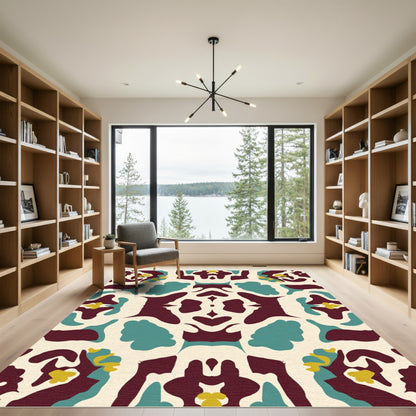 Classic Teal Burgundy Floral Mandala Rug