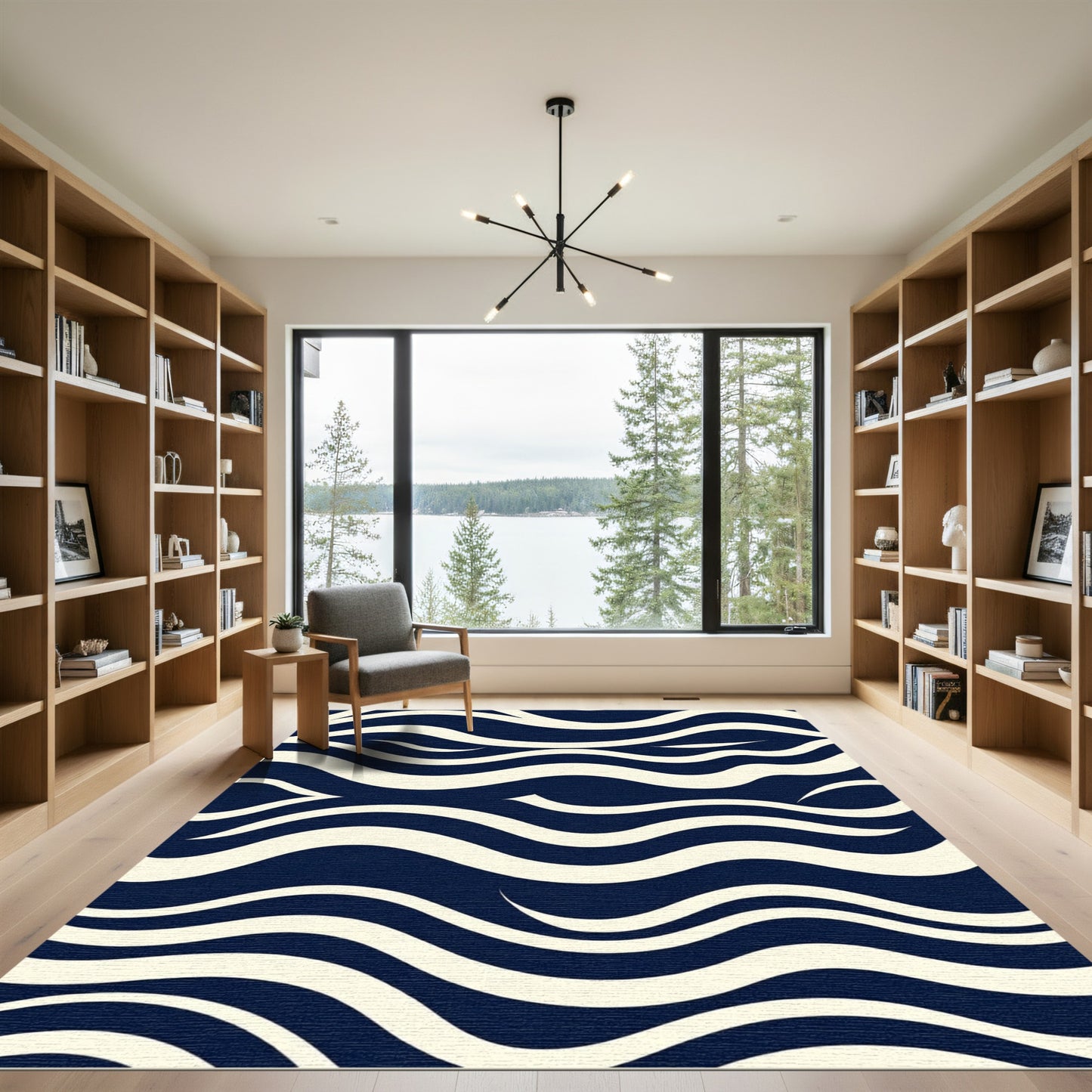 Navy Cream Flowing Wave Abstract Rug