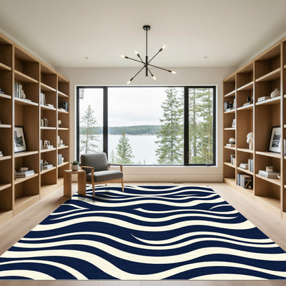 Navy Cream Flowing Wave Abstract Rug