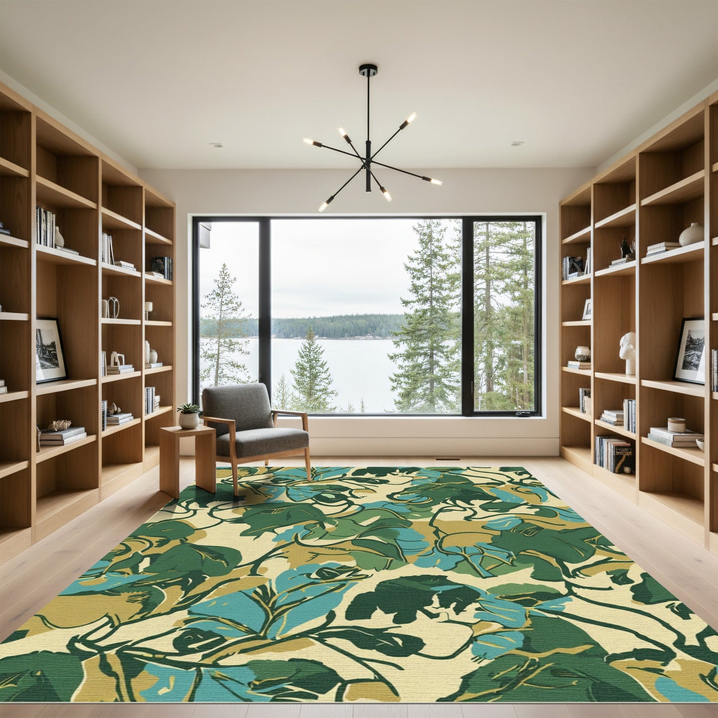 Earthy Green Blue Painterly Foliage Rug