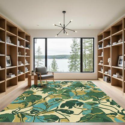 Earthy Green Blue Painterly Foliage Rug