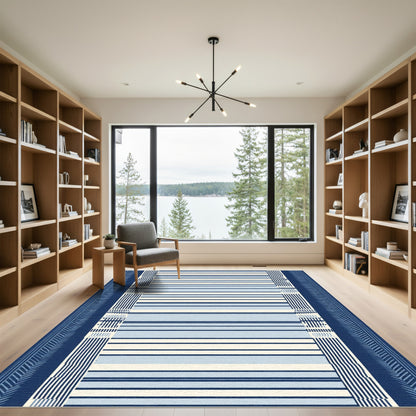 Navy Blue White Striped Border Rug