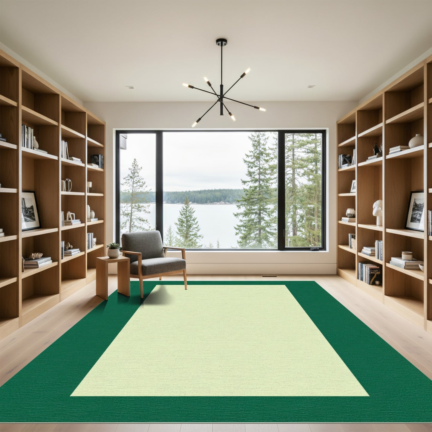 Deep Forest Green Light Ivory Border Rectangular Rug