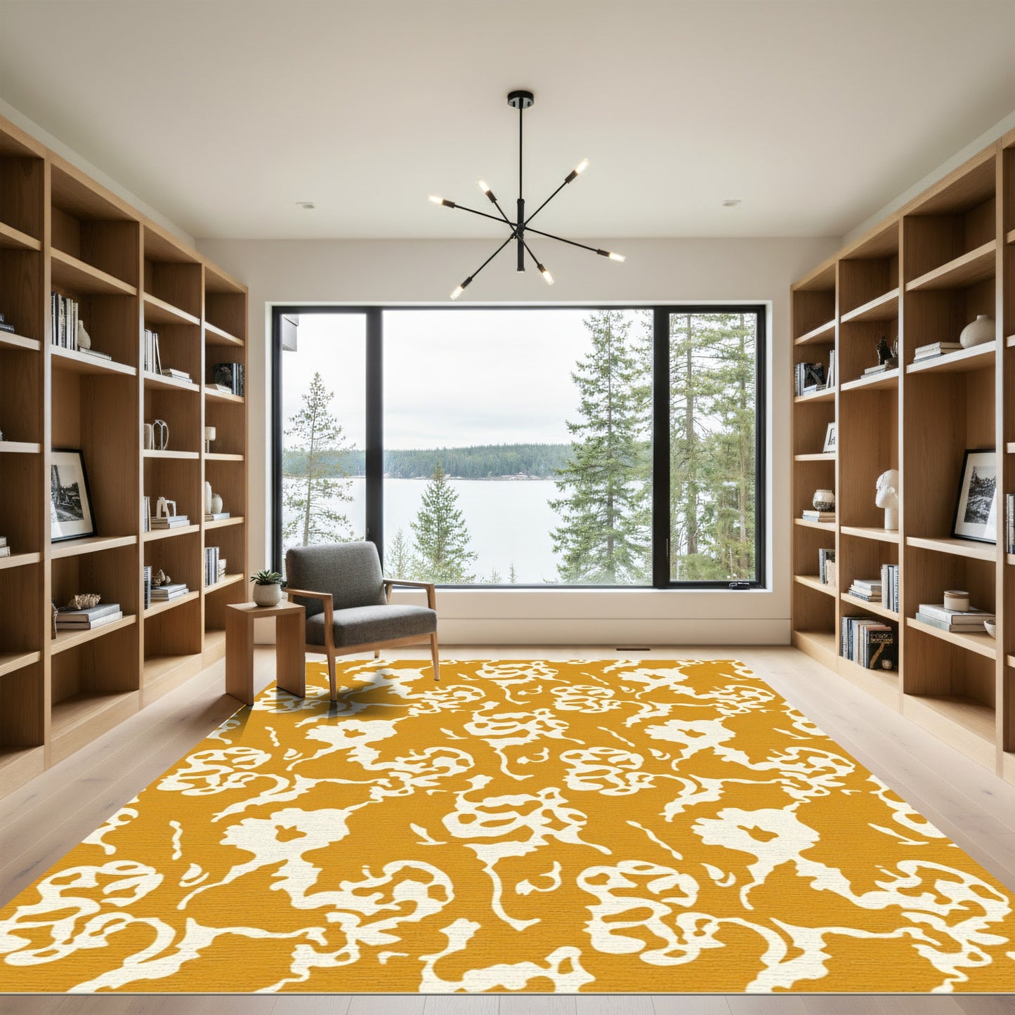 Golden Cream Abstract Floral Swirl Rug