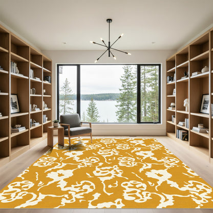 Golden Cream Abstract Floral Swirl Rug
