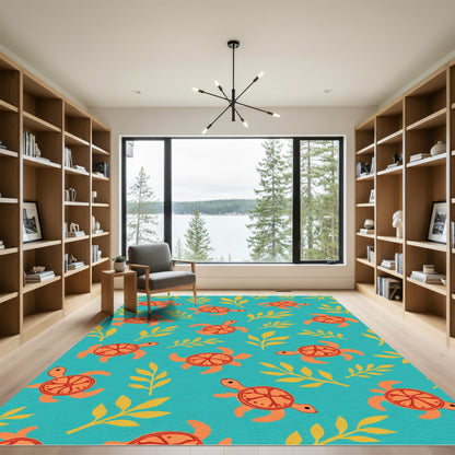 Coastal Orange Turtle Teal Foliage Rug