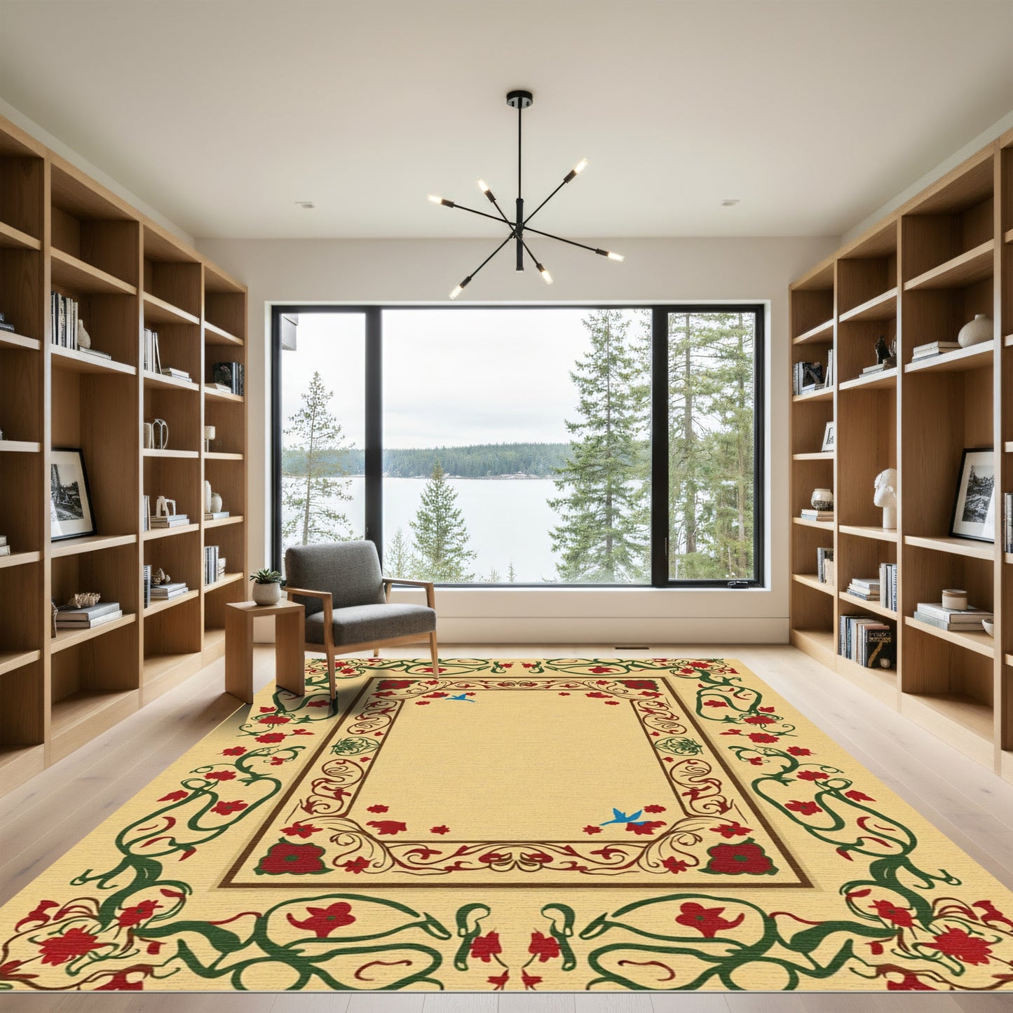 Crimson Floral Vines Birds Rug